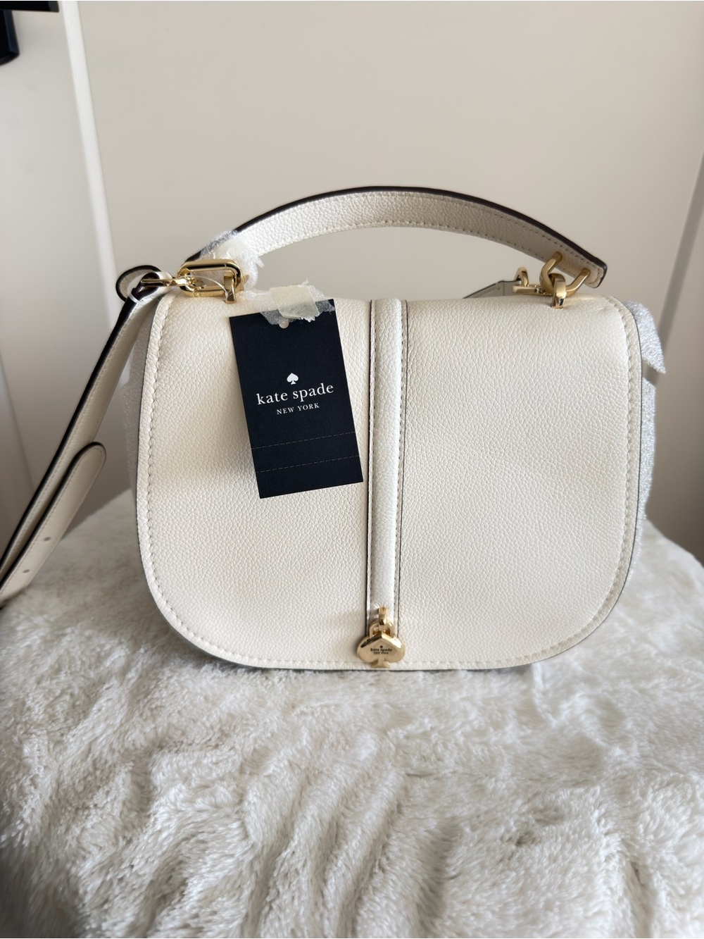 kate spade Cream Pebbled Leather Crossbody Saddle Bag with Gold Hardware